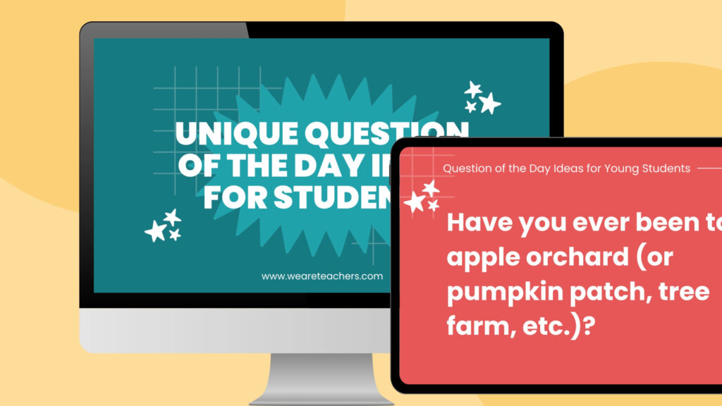 an image of a computer and ipad screen featuring two slides from unique question of the day slides