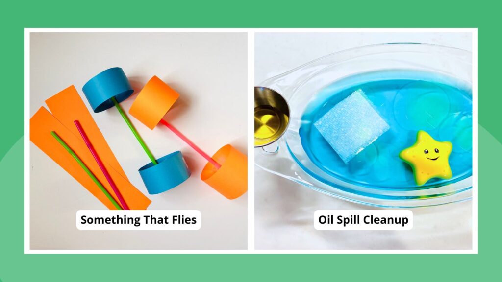 two images that feature two invention ideas and activities: oil spill clean up activity and something that flies activity