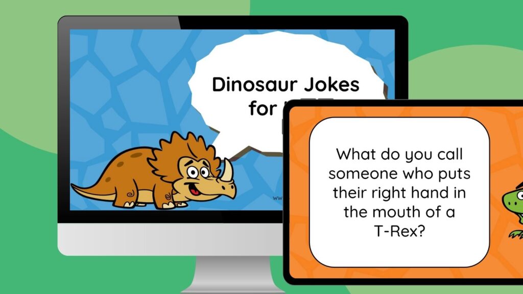 an image of a computer and ipad screen of two slides from the dinosaur jokes for kids slides