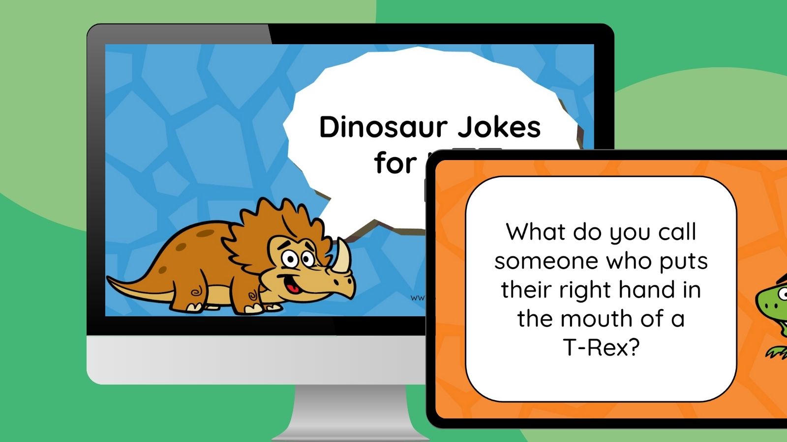 an image of a computer and ipad screen of two slides from the dinosaur jokes for kids slides