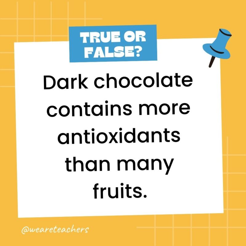 Dark chocolate contains more antioxidants than many fruits.- true or false questions Dark chocolate contains more antioxidants than many fruits.- true or false questions
