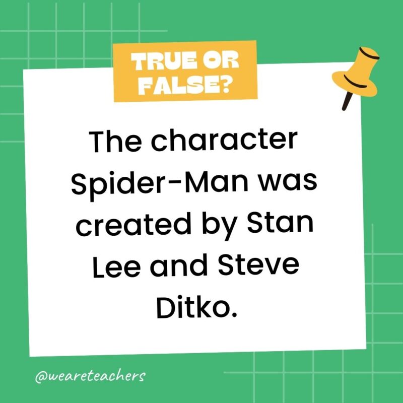 The character Spider-Man was created by Stan Lee and Steve Ditko.- true or false questions The character Spider-Man was created by Stan Lee and Steve Ditko.- true or false questions