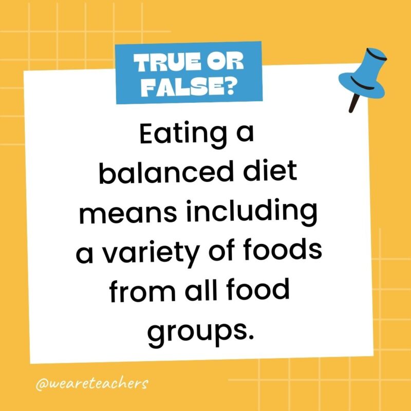 Eating a balanced diet means including a variety of foods from all food groups.- true or false questions Eating a balanced diet means including a variety of foods from all food groups.- true or false questions