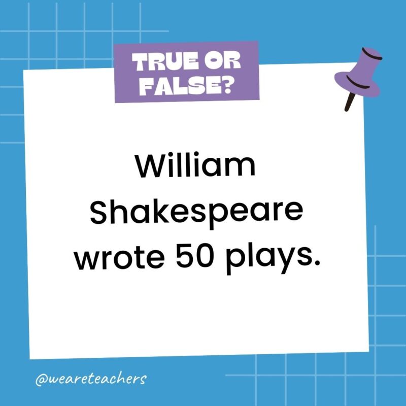 William Shakespeare wrote 50 plays.- true or false questions William Shakespeare wrote 50 plays.- true or false questions