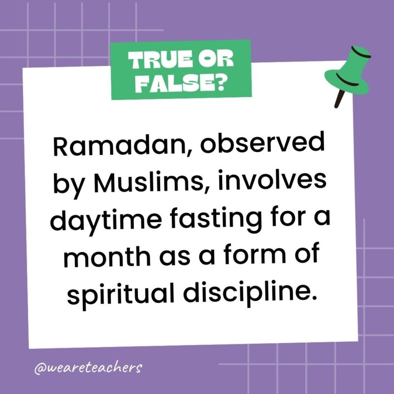 Ramadan, observed by Muslims, involves daytime fasting for a month as a form of spiritual discipline. Ramadan, observed by Muslims, involves daytime fasting for a month as a form of spiritual discipline.