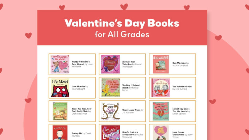 an image of various Valentine's Day books for kids covers on top of a pink and red background with hearts