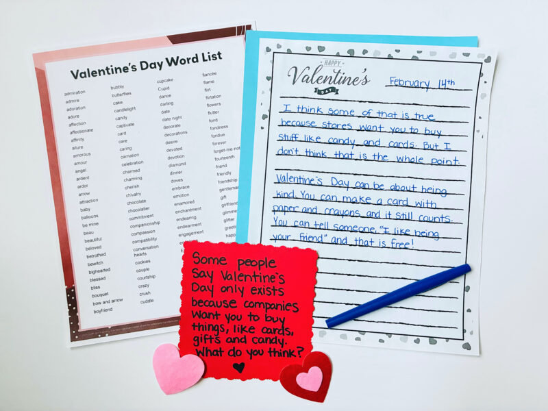 an image of a Valentines' Day word list and a student response to writing prompt