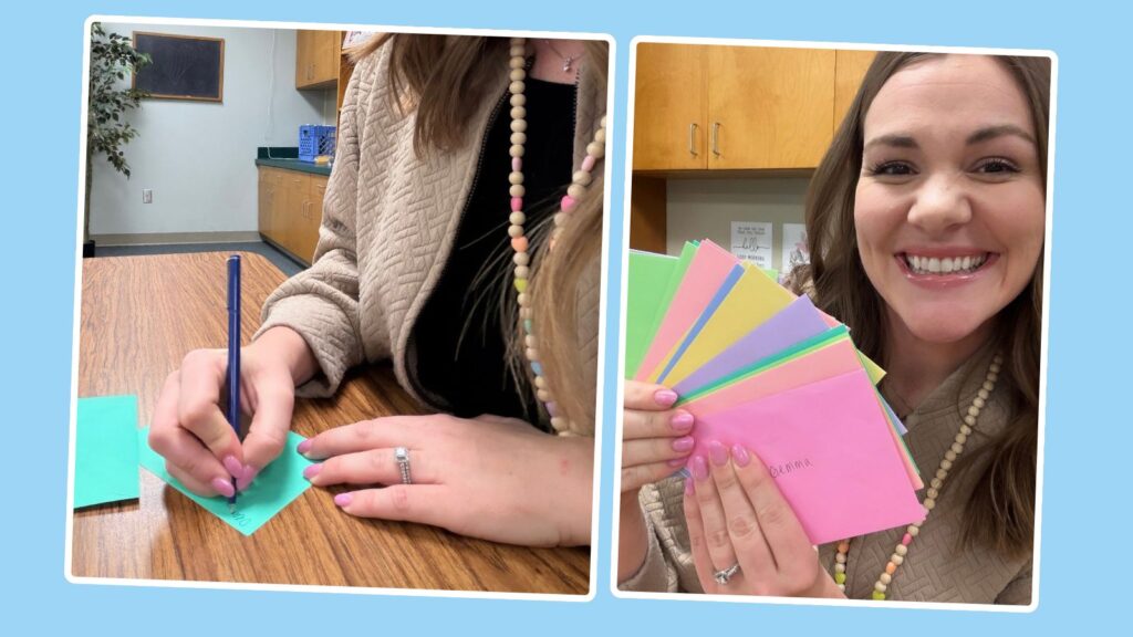 Teacher Emily Wilde writing positive notes to her students.