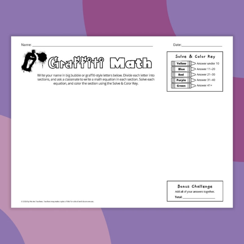an example of a creative worksheet called graffiti math