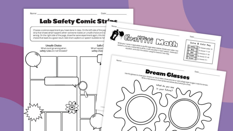examples of three creativity worksheets in a free elementary bundle