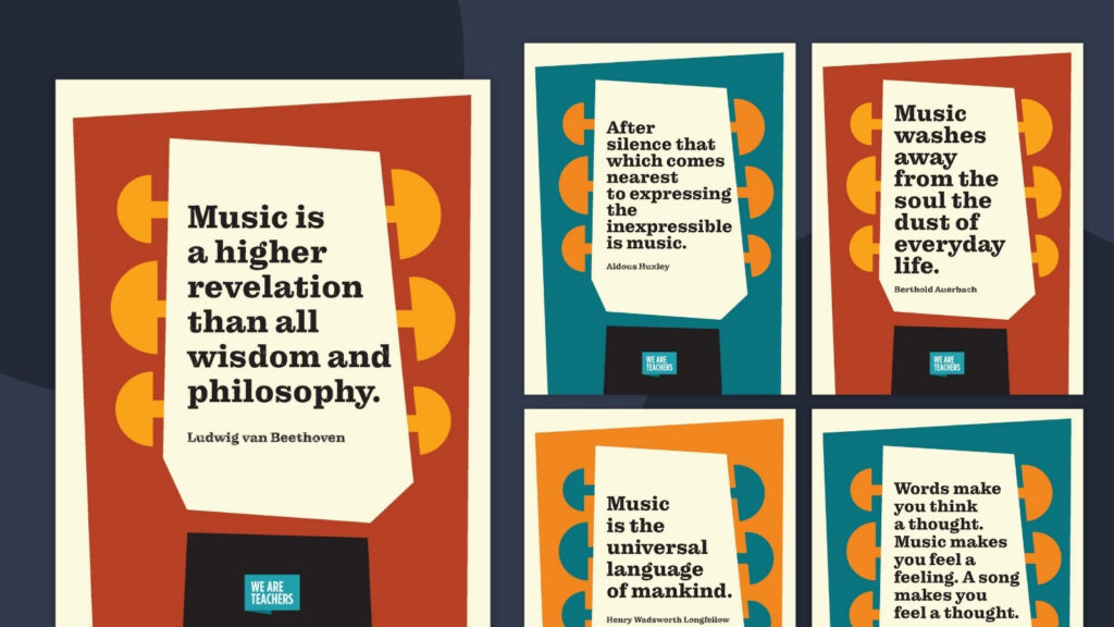 A colorful example of music quote posters in the shape of the end of a guitar