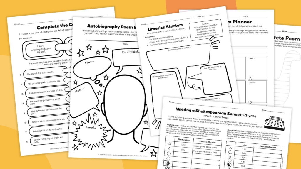 an image of six different poetry worksheet examples