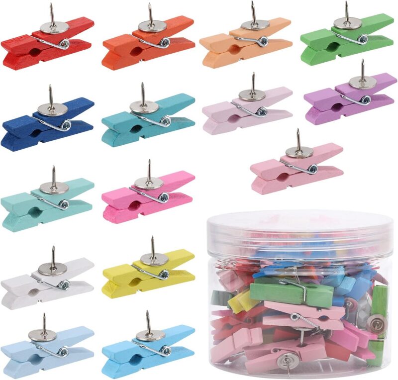 Clothespin thumb tacks in a variety of colors
