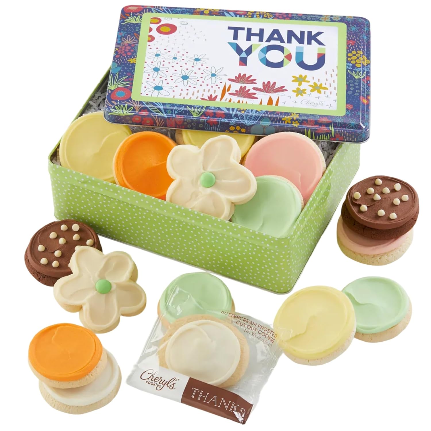 Cheryl's Cookies assortment in a tin with a lid reading "Thank You"