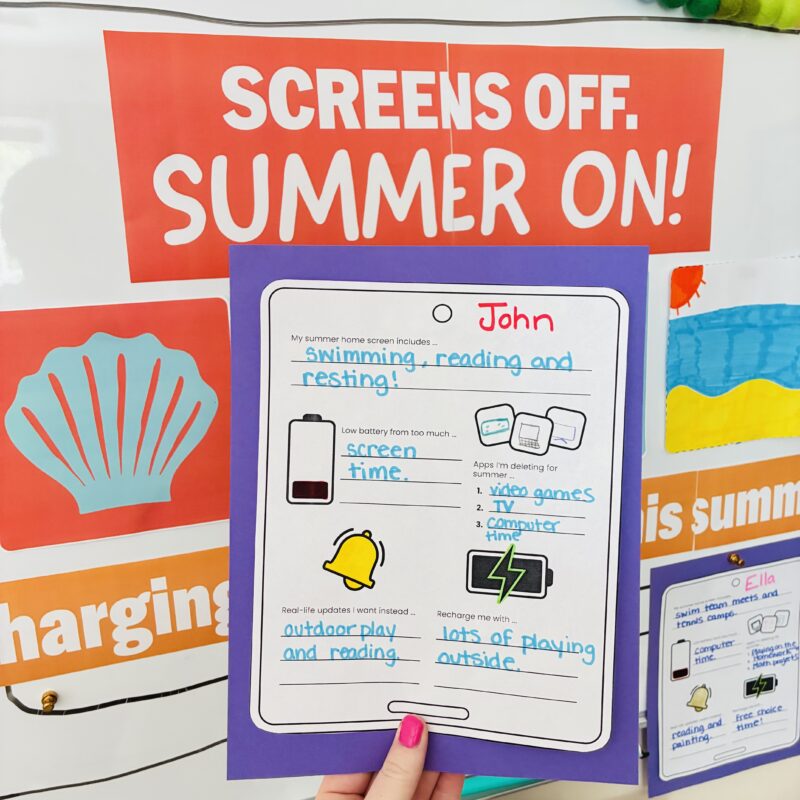 an image of a student response printable to go along with the screens off, summer on end of year bulletin board kit