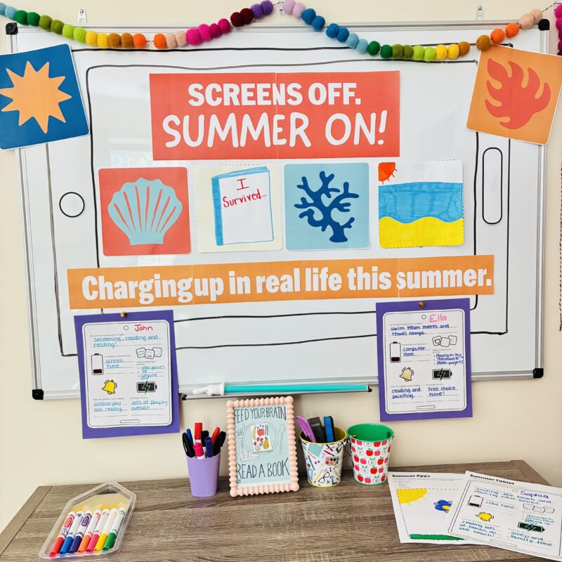 an end of year bulletin board kit that features the theme screens off, summer on