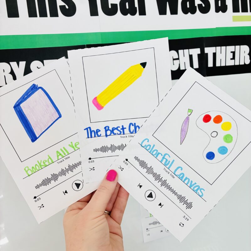 an image of student response printables for an end of year bulletin board