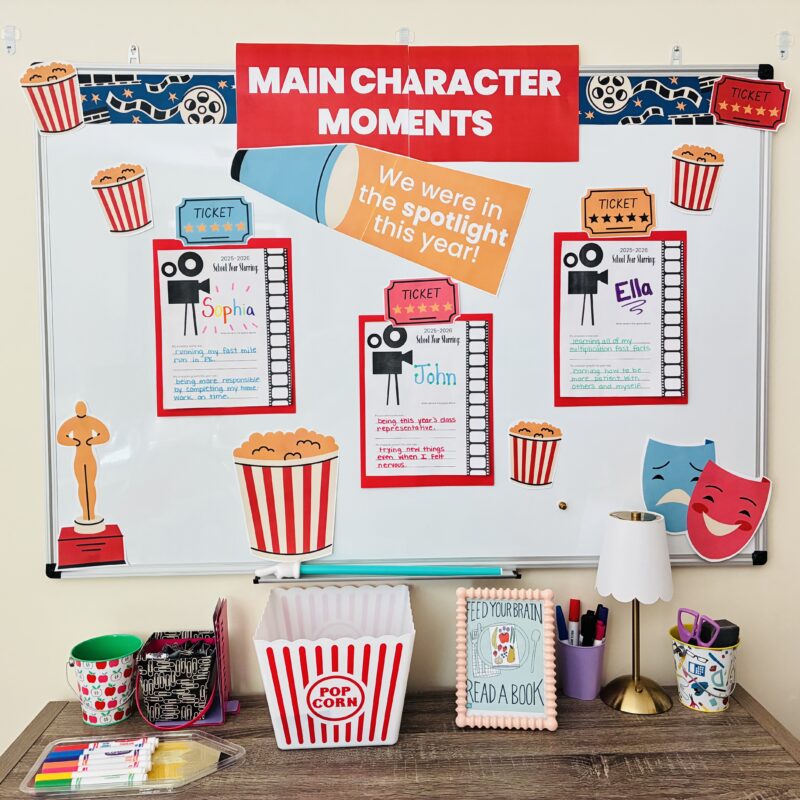 an image of a end of year bulletin board that is movie themed to showcase students' main character moments