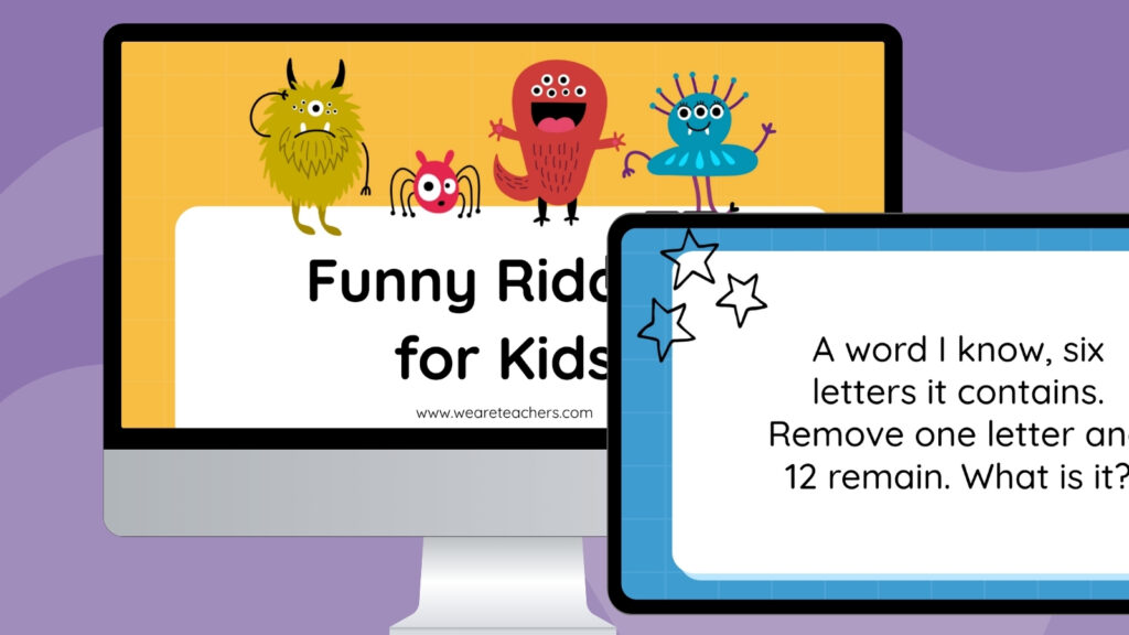 an image of a computer and ipad screen featuring riddles for kids Google Slides