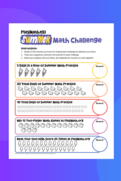 Page 2 of a PlayMath.org summer flyer with a summer math challenge for kids