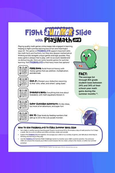 Flat lay of page 1 of a summer flyer for PlayMath.org