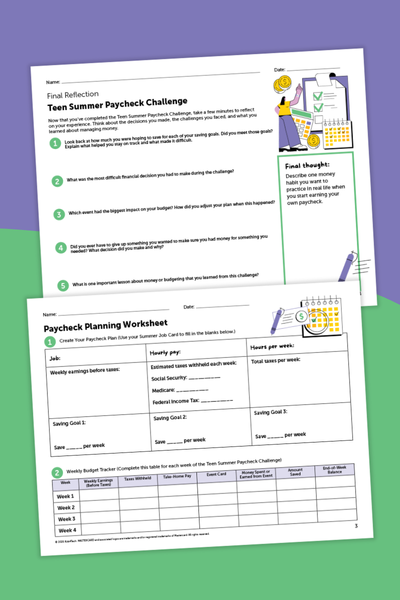 Paycheck Challenge Printables 1 Images of the reflection worksheet for the Teen Summer Paycheck Challenge
