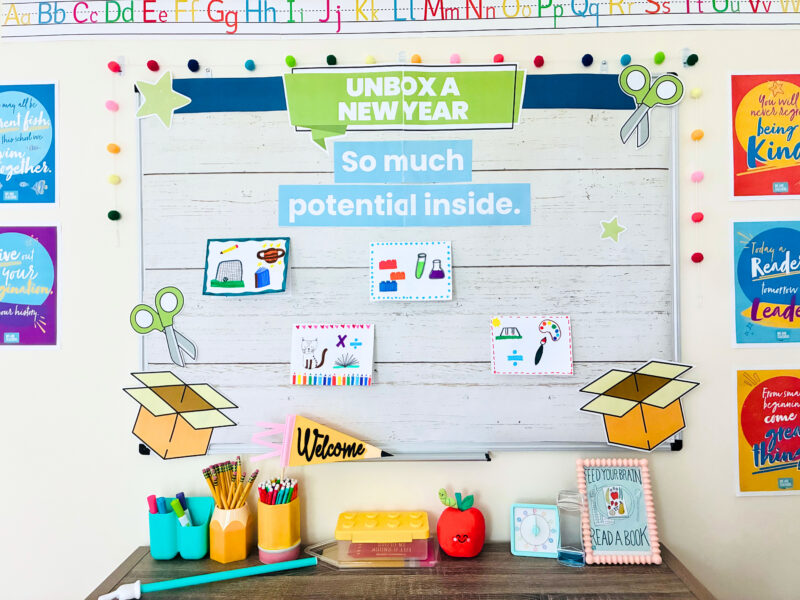 Back-to-School Bulletin Board Kits an image of a unbox a new year bulletin board printable kit