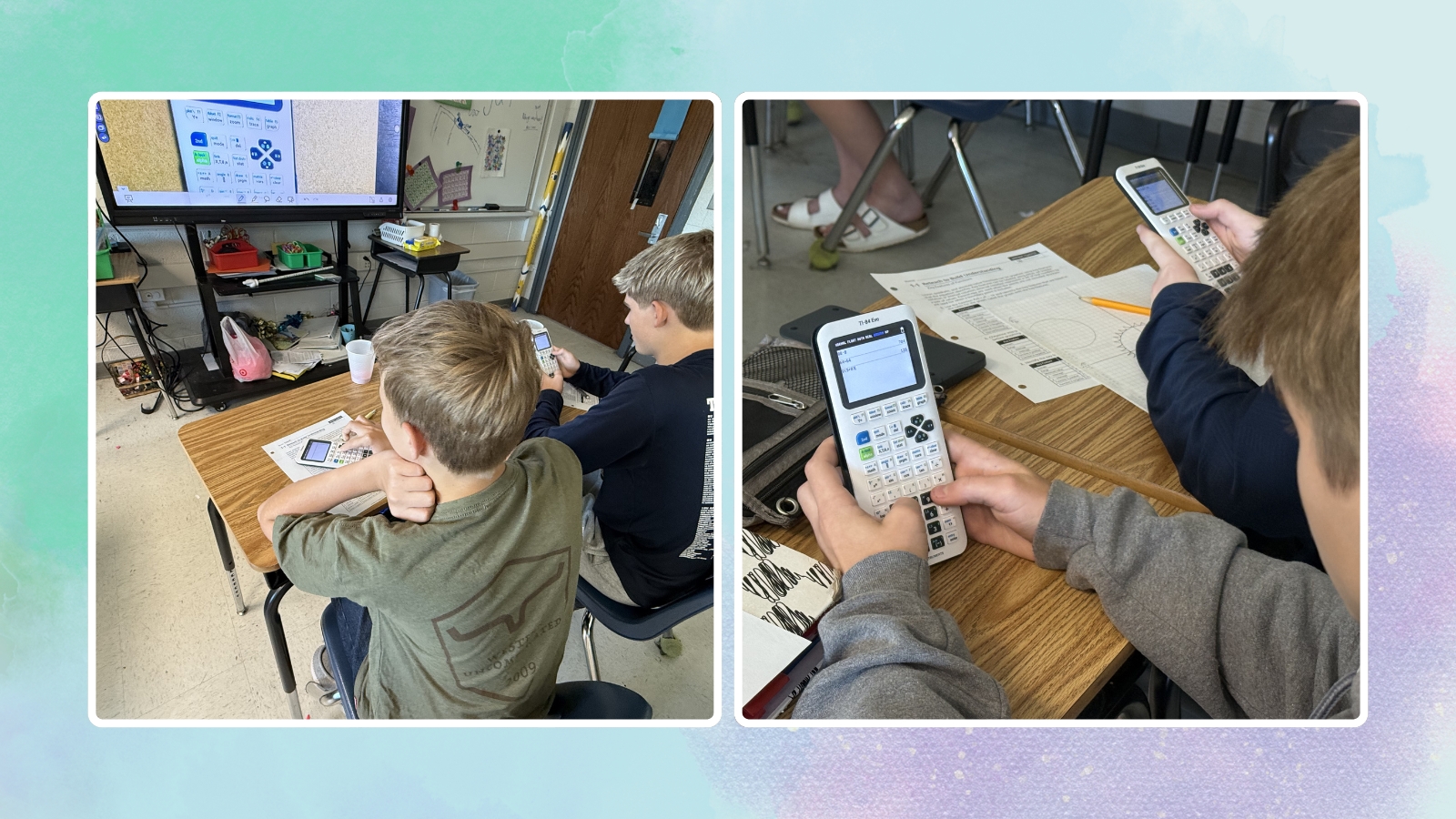 A Classroom Classic, Upgraded: Meet the TI-84 EVO Images of two students using the TI-84 EVO calculators in a classroom math setting