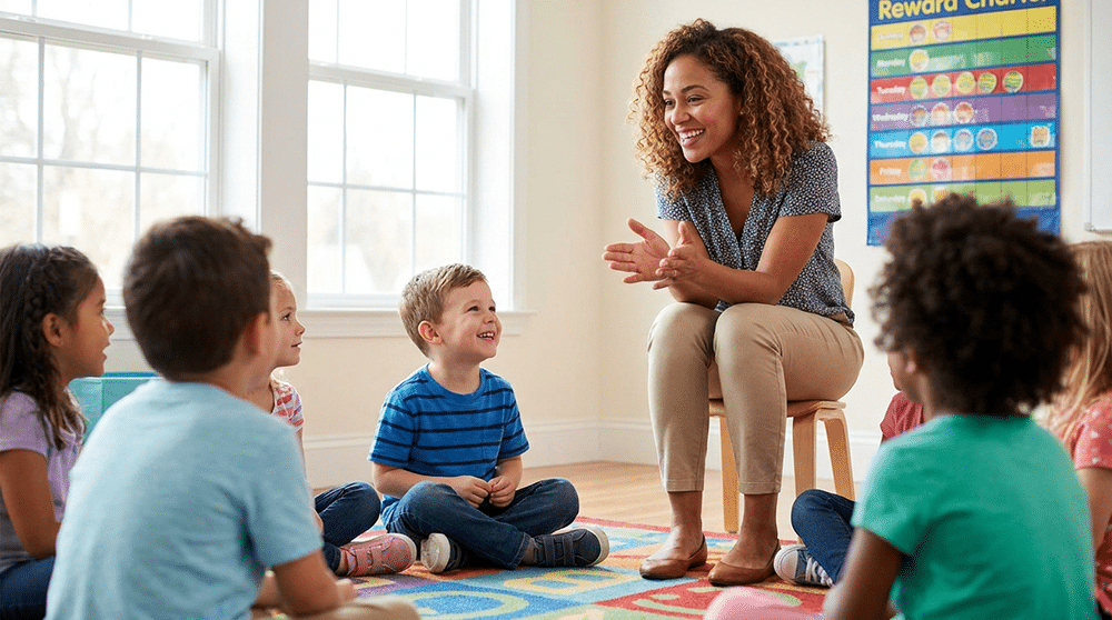 A teacher praising a young student who sits attentively on the classroom carpet during circle time.