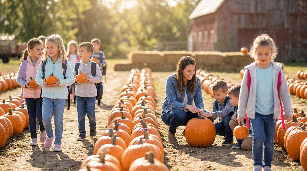 Students explore a pumpkin patch on a fall field trip, carrying small pumpkins between the rows.