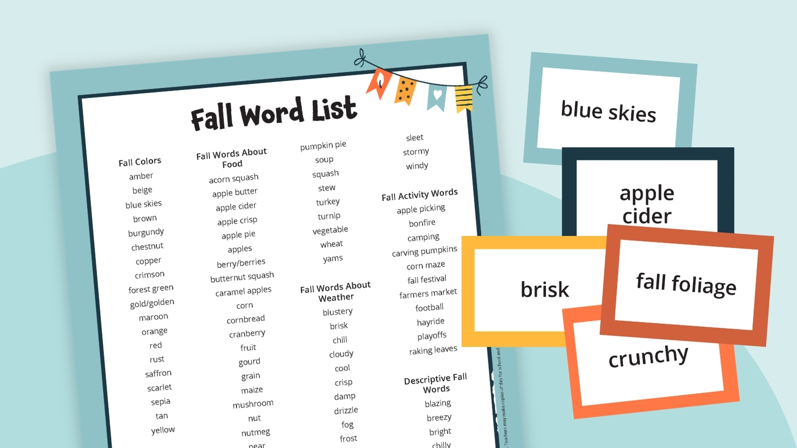 Fall Words an image of a fall word list printable with fall word list cards