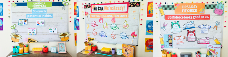 Back-to-School Bulletin Board Kits an image of three back-to-school bulletin board examples