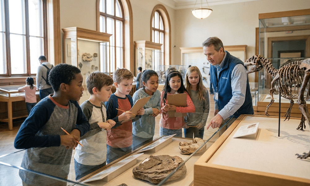 Elementary students gather around a museum guide beside a natural history exhibit during a school field trip.
