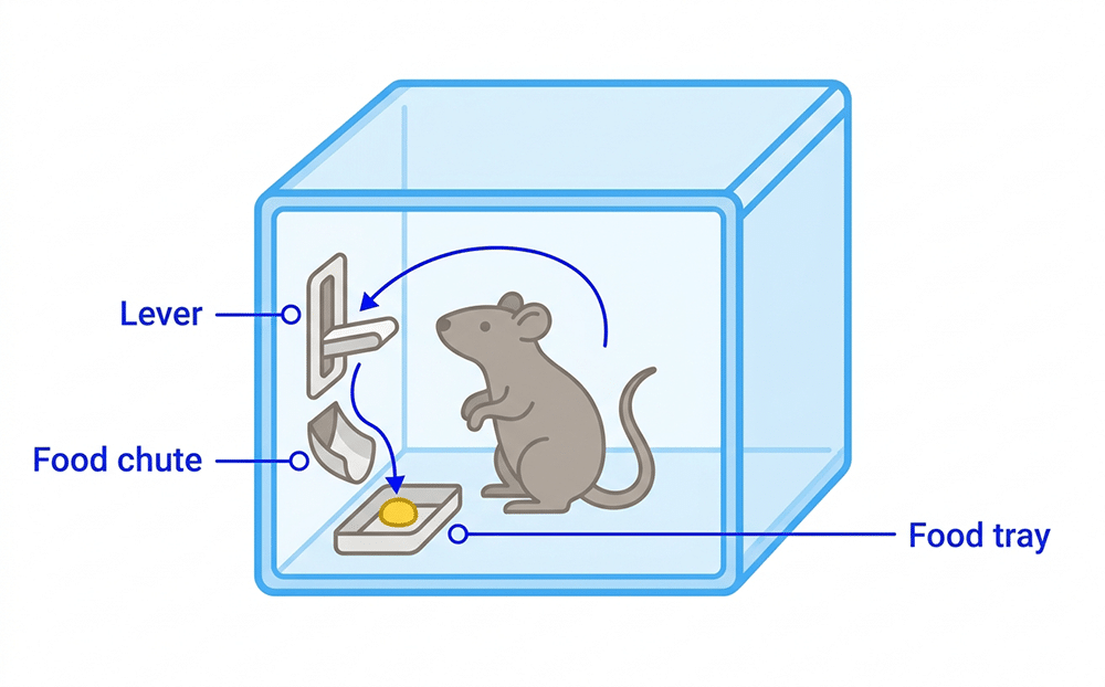 A diagram of Skinner’s operant conditioning chamber: a rat inside a box presses a lever, releasing a food pellet into a tray below.