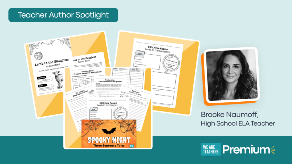 Feature image showing teacher author, Brooke Naumoff, and several of her resources.