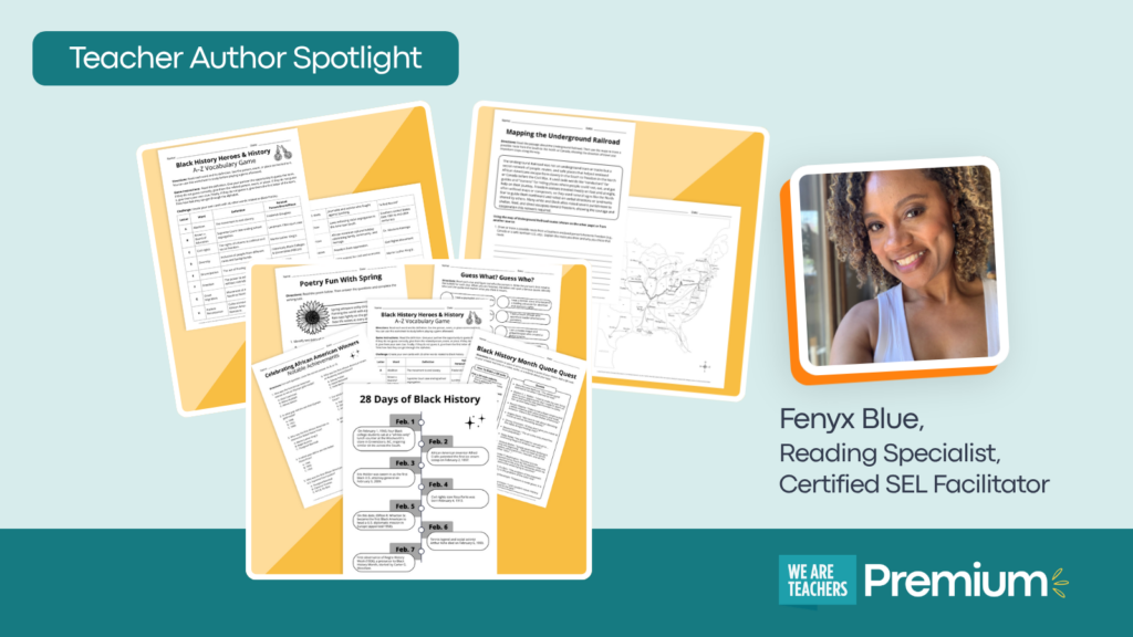 Feature image showing teacher author, Fenyx Blue and several of her resources.