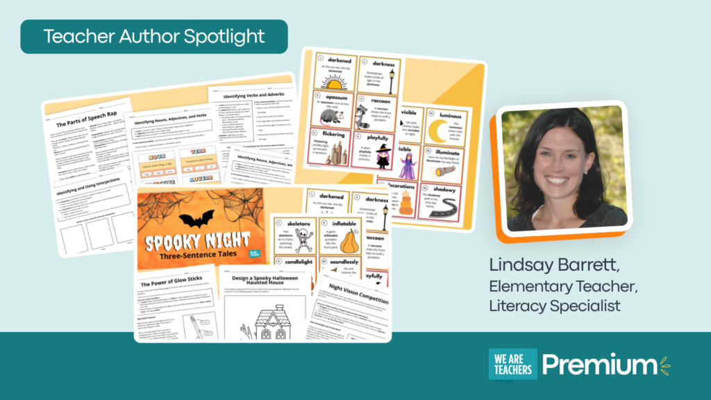 Feature image showing teacher author, Lindsay Barrett, and several of her resources.