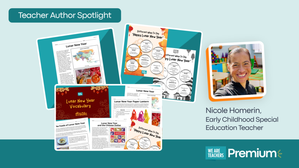 Feature image showing teacher author, Nicole Homerin, and several of her resources.