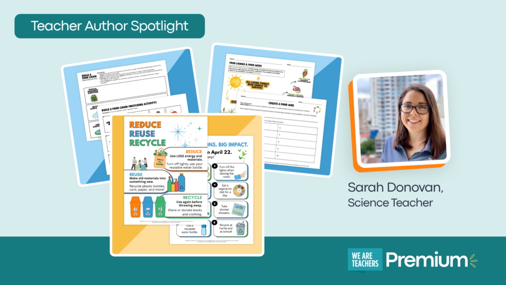 Feature image showing teacher author Sarah Donovan and several of her resources.