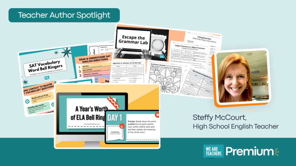 Feature image showing teacher author, Steffy McCourt, and several of her resources.