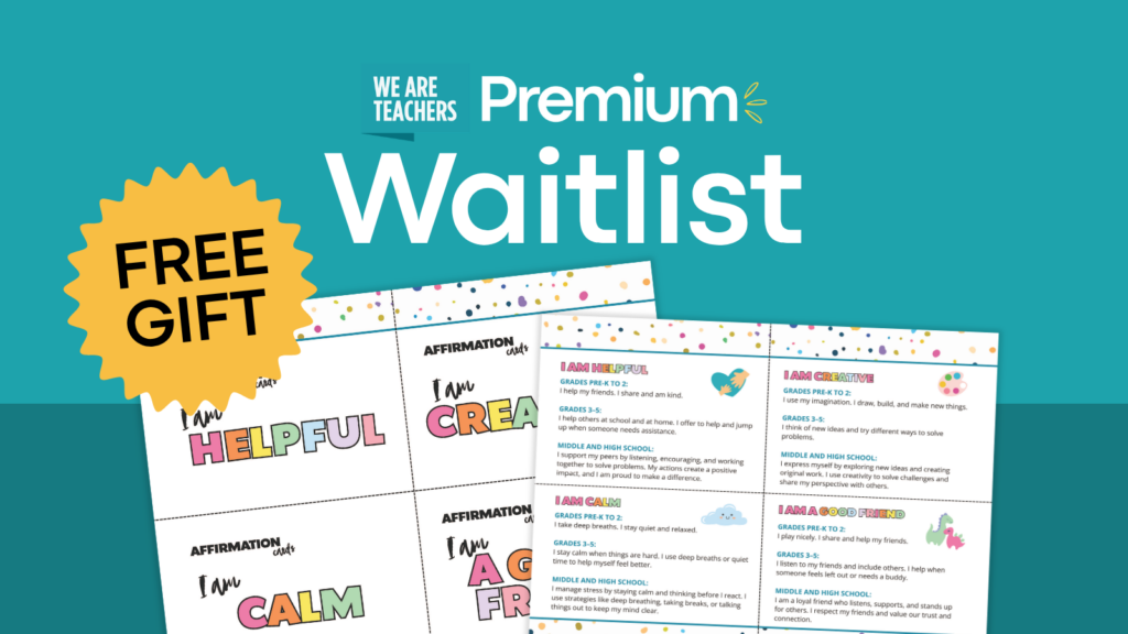 Join the We Are Teachers Premium Waitlist free gift showing printable affirmation station kit.