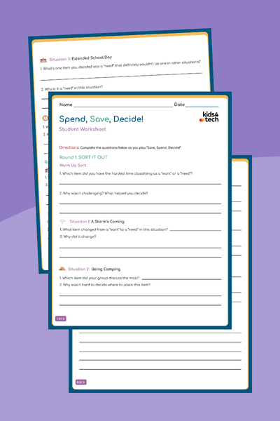 Images of the student worksheet from wants and needs financial literacy activitiy.