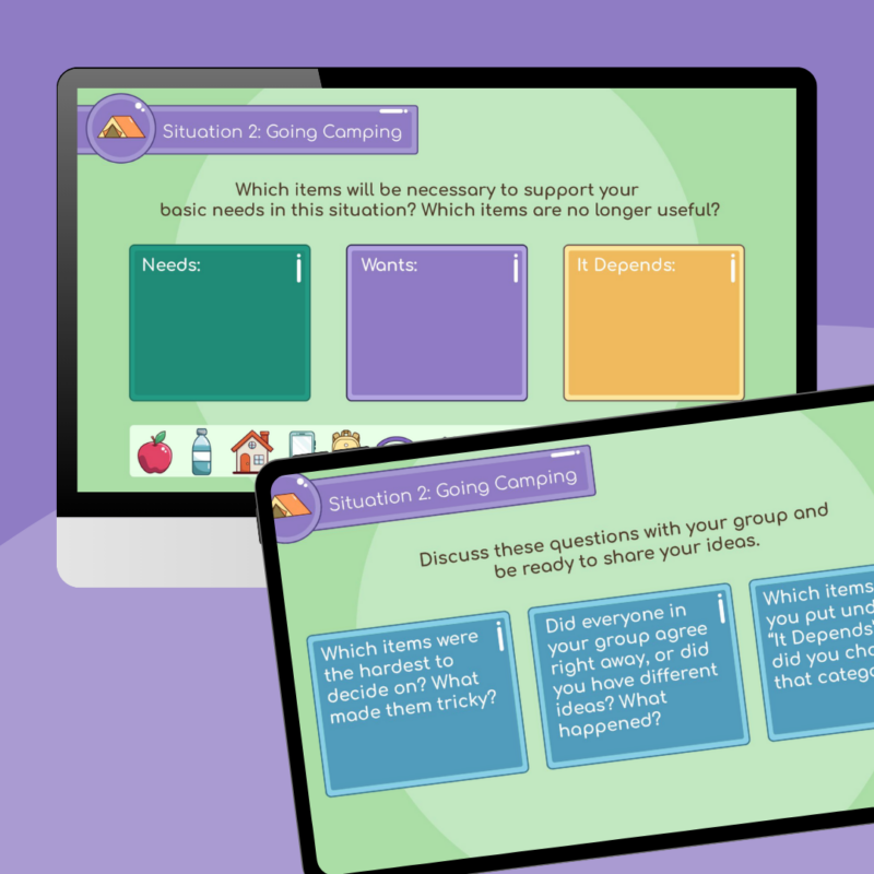Image of slides from the wants and needs financial literacy activity Google Slides game.