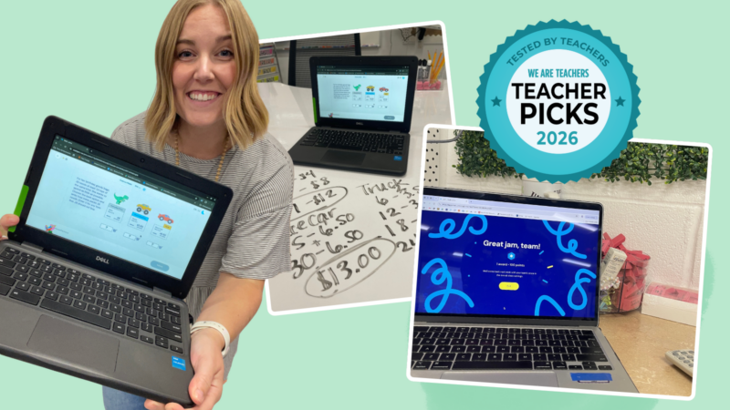 Math teacher holding laptop featuring Math Jams event.