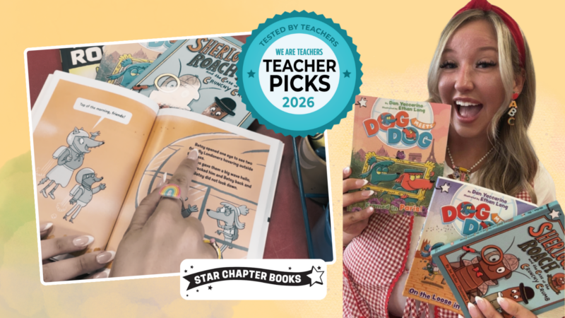 Second grade teacher holding up several Star Chapter books to give her review.
