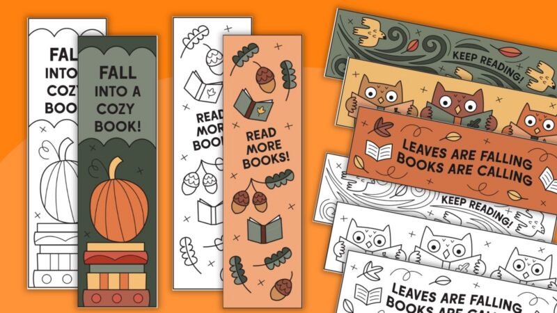 Fall Bookmarks an image of color and black and white printable fall bookmarks