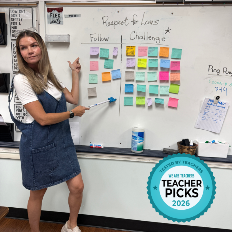 Teacher Picks Reel Genius Whiteboard Lesson Teacher teaching a lesson using a whiteboard and sticky notes using Reel Genius.