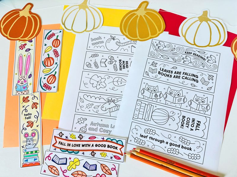 Fall Bookmarks an image of color and black and white printable fall bookmarks