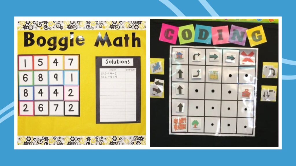 Collage of two interactive bulletin boards, including Boggle Math and Coding