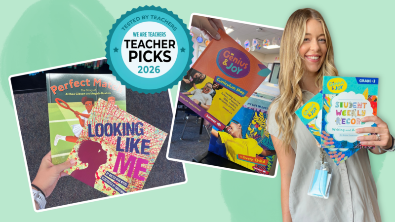 Teacher Jenna Montgomery holding Genius & Joy curriculum in classroom
